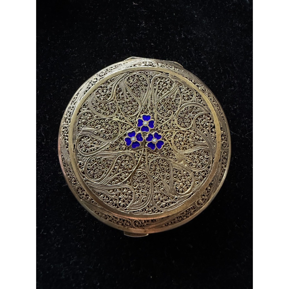 Vintage Portuguese Filigree Silver Compact w/ Blue Enamel Flowers